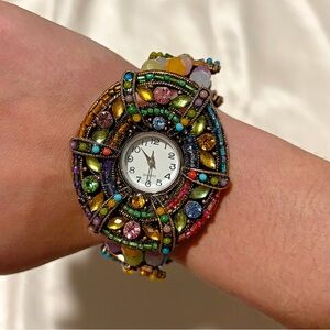 Y2K Mosaic Rhinestone Watch Bracelet Statement Multicolor Beaded